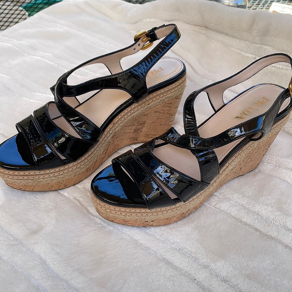 Prada  ladies sling back wedges black patent leather  size 38 very gently used